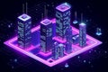 Smart city or intelligent building isometric vector concept. Building automation with computer networking illustration. Data Royalty Free Stock Photo