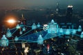 Smart city, iot network and cloud computing, night drone or aerial view of buildings or skyscrapers. Overlay Royalty Free Stock Photo