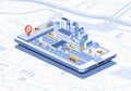 Smart city isometric mobile app on smartphone vector illustration