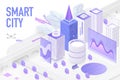 Smart city isometric. Technology devices with automated control systems. Modern 3d skyscrapers, smartphone, chart screen