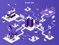 Smart city isometric web banner. Urban infrastructure and buildings flat isometry concept. Industrial city, suburb