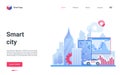 Smart city landing page, cartoon urban cityscape with intelligent skyscrapers, taxi cars