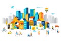 Smart city, landscape city centre with many building, airplane is flying in the sky and people walking, running in park.