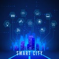Smart City Landscape and System Monitoring and Control Icons Set. Modern Smart City Concept in Blue Colors. Technology Background Royalty Free Stock Photo