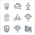 smart city line icons. linear set. quality vector line set such as smart, bus stop, building, parking, bike, wifi, satellite dish Royalty Free Stock Photo