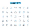 Smart city linear icons set. Innovations, Sustainability, Connectedness, Efficiency, Technology, Mobility, Accessibility Royalty Free Stock Photo