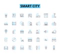 Smart city linear icons set. Innovations, Sustainability, Connectedness, Efficiency, Technology, Mobility, Accessibility Royalty Free Stock Photo