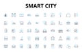 Smart city linear icons set. Innovations, Sustainability, Connectedness, Efficiency, Technology, Mobility, Accessibility Royalty Free Stock Photo