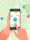 Smart city parking mobile app concept. Urban traffic technology