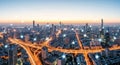 Smart city skyline with network connections and data flow visualization at dusk, modern world Royalty Free Stock Photo
