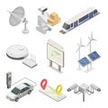 Smart City with Solar Panel, Robot, Electric Car and Satellite Dish Isometric Vector Set