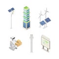 Smart City with Solar Panel, Robot, Green Building and Interactive City Map Isometric Vector Set