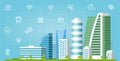Smart City Solutions. Vector Illustrations With Urban Buildings And Infographic Icons Network Royalty Free Stock Photo
