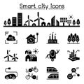 Smart city, Sustainable town, Eco friendly city icon set