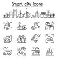 Smart city, Sustainable town, Eco friendly city icon set in thin line style