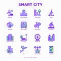 Smart city thin line icons set: green energy, intelligent urbanism, efficient mobility, zero emission, electric transport,