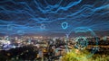 Smart city and tourism industry wide view with AI technology and security encryption icons In terms of speed in communication,