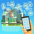 Smart city vector flat concept with internet thing, business communication and technology icons Royalty Free Stock Photo