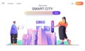Smart city web concept for landing page. Man and woman use dashboard to control and manage homes and futuristic infrastructure