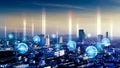 Smart city and wireless communication network over the cityscape at night time Royalty Free Stock Photo