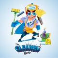 Smart cleaner concept. man in hero costume with clean-up tools.