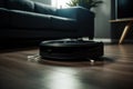 Smart cleaning robot vacuum cleaner on the laminate in the living room. Robotic vacuum cleaner on a wooden floor. Generative AI