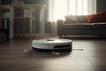 Smart cleaning robot vacuum cleaner on the laminate in the living room. Robotic vacuum cleaner on a wooden floor. Generative AI