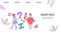 Smart clever kids website banner with cute children, flat vector illustration.