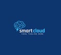 Smart Cloud Abstract Vector Emblem, Sign or Logo Template. Brain with Blizzard Silhouette Concept on Blue Background.