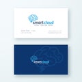 Smart Cloud Abstract Vector Logo and Business Card Template. Brain Cloud with Lightning Emblem. Data Storage Concept