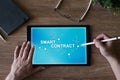 Smart contract blockchain based technology concept on screen. Cryptocurrency, Bitcoin and ethereum. Royalty Free Stock Photo