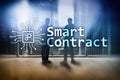 Smart contract, blockchain technology in business, finance hi-tech concept. Skyscrapers background