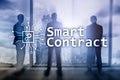 Smart contract, blockchain technology in business, finance hi-tech concept. Skyscrapers background Royalty Free Stock Photo