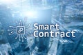 Smart contract, blockchain technology in business, finance hi-tech concept. Skyscrapers background Royalty Free Stock Photo