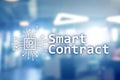 Smart contract, blockchain technology in business, finance hi-tech concept. Skyscrapers background