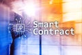 Smart contract, blockchain technology in business, finance hi-tech concept. Skyscrapers background Royalty Free Stock Photo