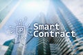 Smart contract, blockchain technology in business, finance hi-tech concept. Skyscrapers background Royalty Free Stock Photo