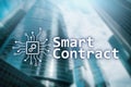 Smart contract, blockchain technology in business, finance hi-tech concept. Skyscrapers background Royalty Free Stock Photo