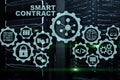 Smart Contract on modern server room background. Business Technology.