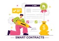 Smart Contract Vector Illustration featuring an Electronic Contract, Digital Document, and Online User Agreement with a Secure
