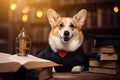 Smart Corgi dog teacher professor graduated sit with a working desk with books and library background Generative AI Royalty Free Stock Photo