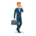 Businessman, in business suit standing with briefcase, phone in hand.