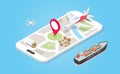 Smart delivery system transportation with various model like air land and sea with smartphone app track with modern flat style -