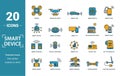 Smart Devices icon set. Include creative elements drone, smart car, smart house, solar battery roof, smart speaker icons. Can be