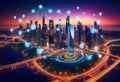 Smart digital city with connection network reciprocity over the cityscape Royalty Free Stock Photo