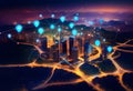 Smart digital city with connection network reciprocity over the cityscape Royalty Free Stock Photo