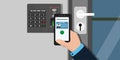 Smart digital door lock.Hand with smartphone with id card application