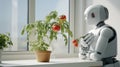 Smart digital home assistant holding some freshly picked tomatoes and watching tomato plant in the flowerpot. Generative AI