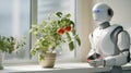 Smart digital home assistant with a smartphone watching tomatoes grow in the flowerpot. Generative AI