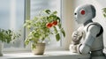 Smart digital home assistant watching tomatoes grow in the flowerpot on a windowsill. Generative AI